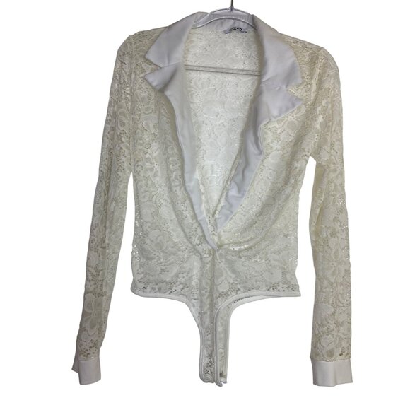 Fashion Nova White Lace Bodysuit Sexy Stretch Large‎ Thong Classic Office Sheer - Picture 1 of 3